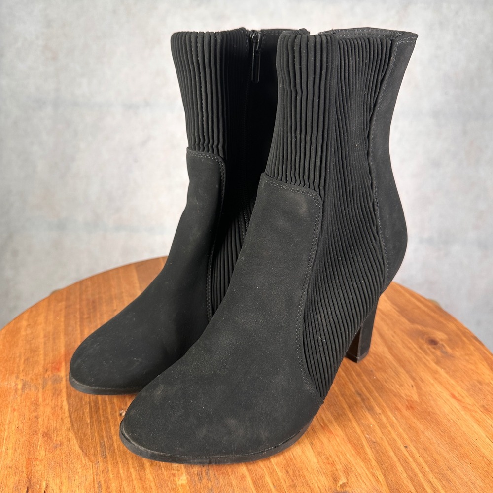 IMPO Odysee Ankle Boots Women 9 Black Good Ribbed Sock Block Heel Bootie